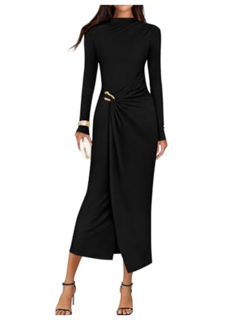 Long Sleeve Wedding Guest Midi Dress High Neck Ruched Bodycon Cocktail Party